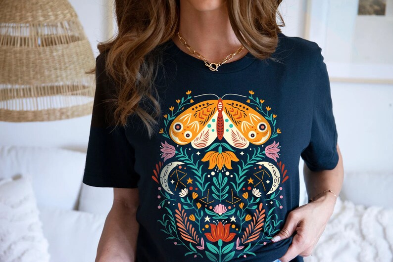Celestial Shirt, Moth Butterfly T Shirts Moon Graphic Moon Phase Astrology Astronomy, Graphic Tees For Women, Boho, Vintage Spring Fashion - Image 6