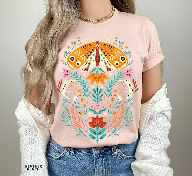 Celestial Shirt, Moth Butterfly T Shirts Moon Graphic Moon Phase Astrology Astronomy, Graphic Tees For Women, Boho, Vintage Spring Fashion - Image 3