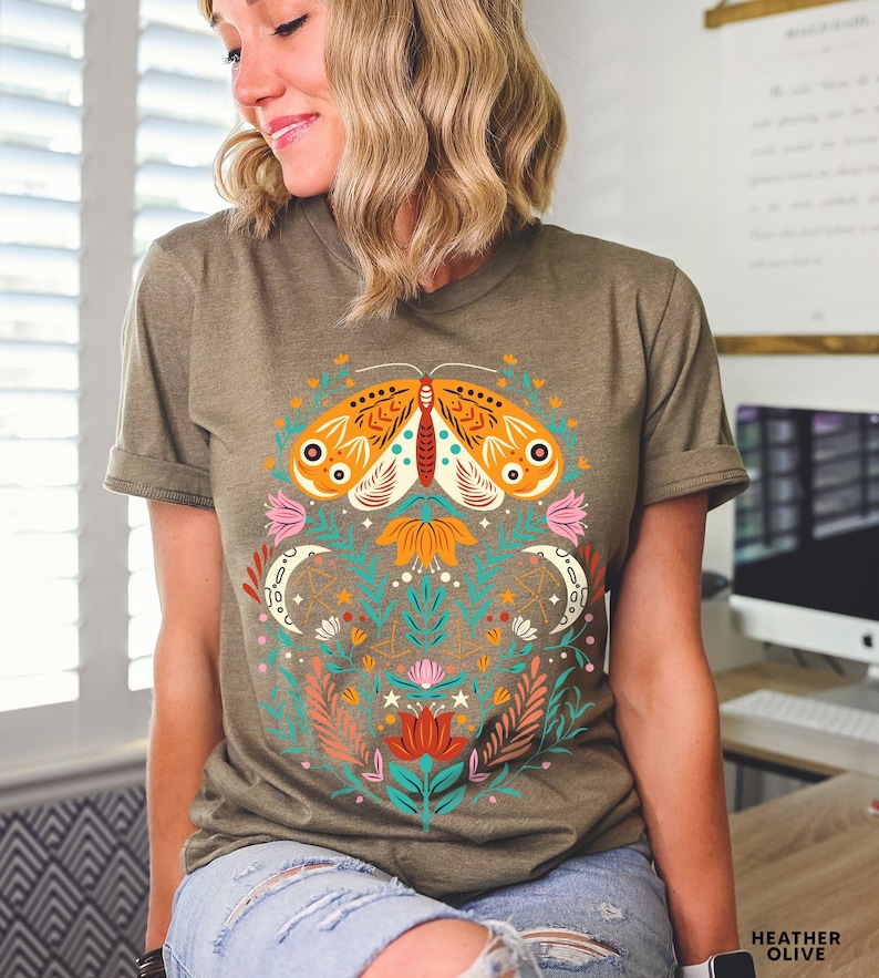 Celestial Shirt, Moth Butterfly T Shirts Moon Graphic Moon Phase Astrology Astronomy, Graphic Tees For Women, Boho, Vintage Spring Fashion - Image 4