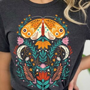 Celestial Shirt, Moth Butterfly T Shirts Moon Graphic Moon Phase Astrology Astronomy, Graphic Tees For Women, Boho, Vintage Spring Fashion