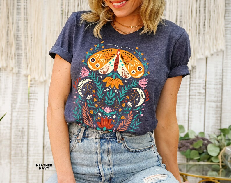Celestial Shirt, Moth Butterfly T Shirts Moon Graphic Moon Phase Astrology Astronomy, Graphic Tees For Women, Boho, Vintage Spring Fashion - Image 2