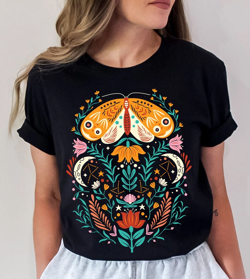Celestial Shirt, Moth Butterfly T Shirts Moon Graphic Moon Phase Astrology Astronomy, Graphic Tees For Women, Boho, Vintage Spring Fashion - Image 5