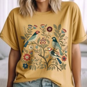 Cottagecore Birds and Flowers Shirt, Folk Art Scandi Art T Shirt, Plus Sizes and Oversized TShirts, Bird Gifts, Flower Gift, Gift For Her
