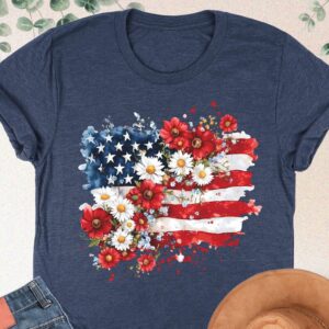 Floral American Flag Shirt, 4th Of July Womens Tshirt, Patriotic Shirt For Women, Independence Day Shirt, Fourth Of July Gifts, USA Shirt