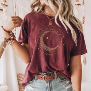 Mystic Moon Phase Shirt – Celestial Gold Crescent Moon Tee, Witchcore Spiritual Graphic T-Shirt for Women, Starry Night Top AA79