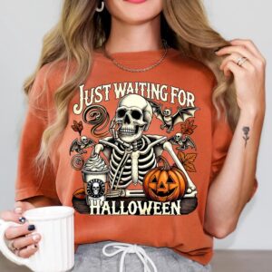 Comfort Colors® Just Waiting for Halloween Shirt, Funny Skeleton Pumpkin Shirt, Spooky Fall Graphic Shirt, Retro Halloween T-Shirt for Her