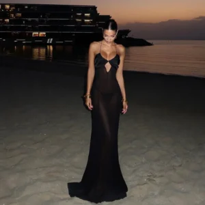 Zuma Mesh Cutout Lace Up Black Maxi Dress